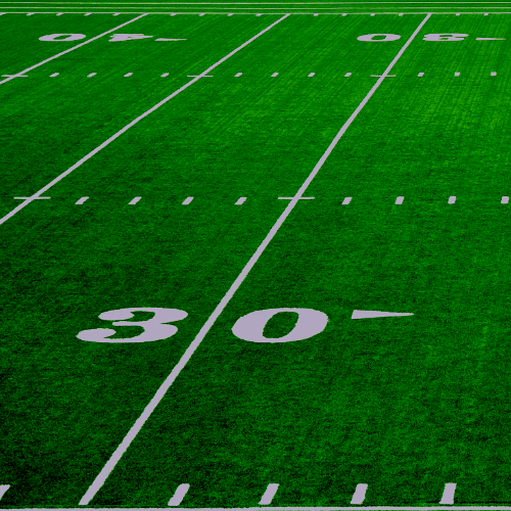 Picture of football field with artificial turf and white lines and numbers